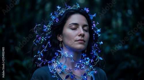 Ethereal Woman Surrounded by Glowing Flora in Enchanting Natural Setting