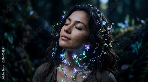 Enchanting Woman with Glowing Flora in Mystical Forest Setting