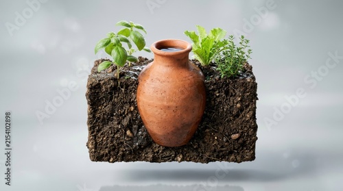 Innovative ollas watering system shown in a cross-section of soil with healthy herbs and plants growing.