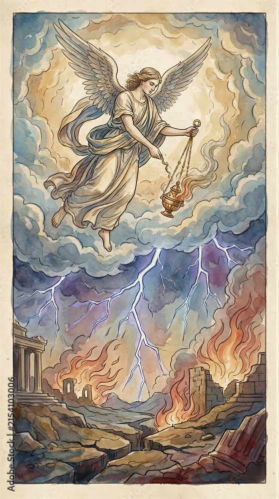 Fototapeta premium Angel pouring fire from censer onto earth during biblical apocalypse. Divine judgment with lightning and destruction of ancient ruins. Religious illustration of Revelation event.