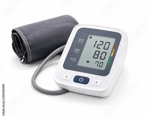 Modern blood pressure monitor isolated on clean white background, realistic medical device, no branding