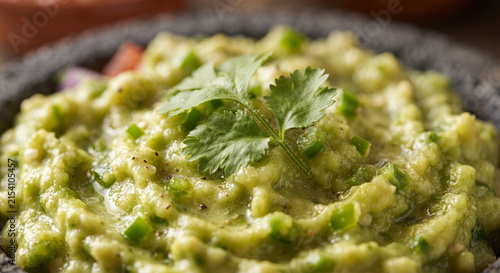 A hyper-realistic macro photograph focusing on the rich, creamy texture of mashed avocado mixed with finely chopped serrano peppers and glistening lime juice, topped with a sprig of fresh cilantro.