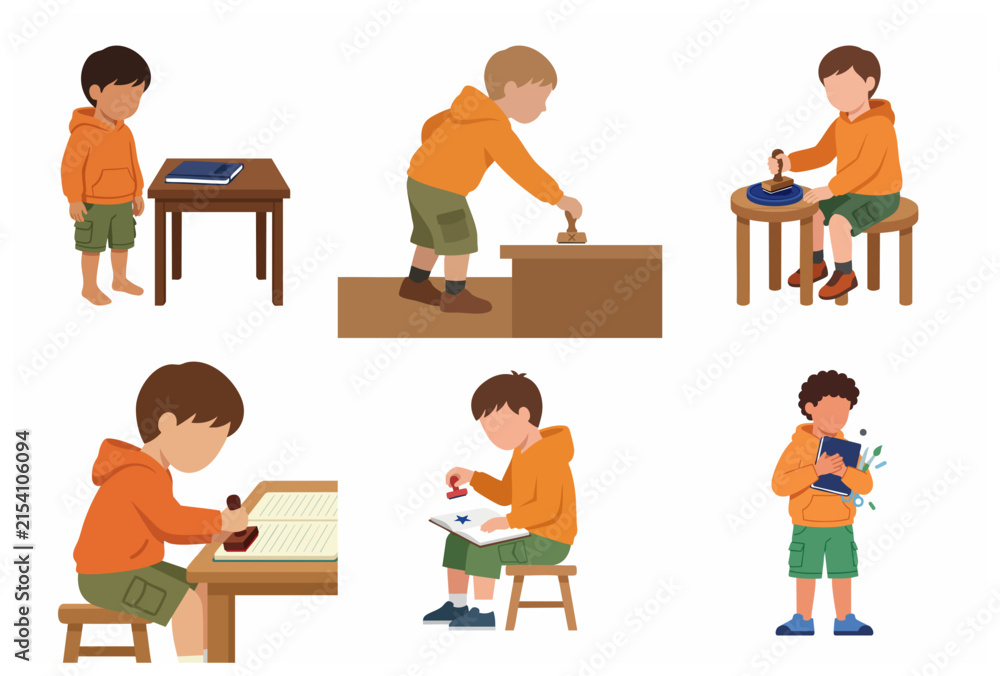 Fototapeta premium Set of illustrations of a little boy using a rubber stamp and learning with books