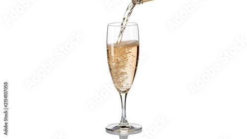 Tall glass cup filled with fresh sparkling white champagne wine beverage isolated on transparent background