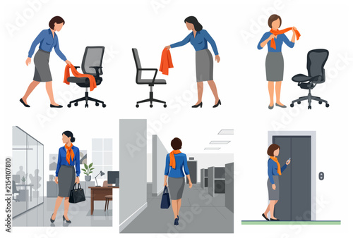 Businesswoman Daily Routine in Modern Office Environment Vector Illustrations