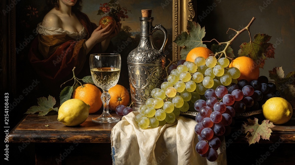 Naklejka premium Old masters painting shows still life arrangement. Grapes, oranges, lemons, wine glass, and ornate metal jug sit on table. Female figure in background holds apple.