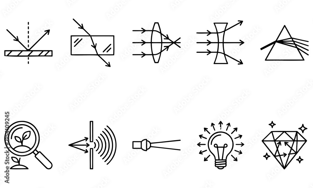 Obraz premium Scientific physics education icons featuring light refraction reflection diffraction and optical lens principles for clear conceptual digital vector graphic design