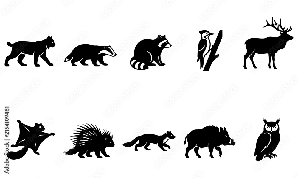 Obraz premium Minimalist vector collection featuring various wild forest animals silhouettes arranged in clean rows for professional creative graphic design project use