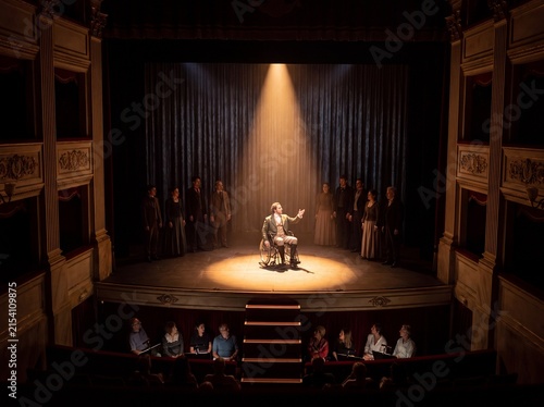 Actor in Wheelchair Performs on Stage Under Spotlight, Surrounded by Cast, Audience Watches in Theater