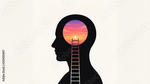 Surreal conceptual art illustration featuring a human silhouette head with a circular window showing a vibrant sunset and a ladder reaching toward infinity