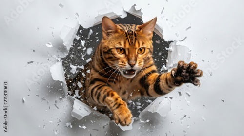 A majestic Bengal cat lunging forward through a ripped white paper hole with intense focus and sharp claws extended displaying playful feline energy