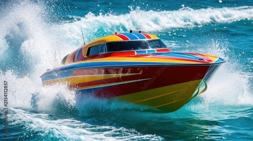 Fototapeta premium A colorful racing motorboat cuts through ocean waves, creating large water splashes. The fast vessel moves with power and speed on bright blue sea water.