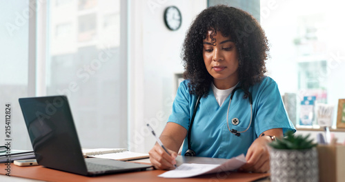 Woman, nurse and writing with documents in office for medical appointment, schedule or portfolio. Female person, healthcare worker or taking notes with paperwork or laptop for clinic administration