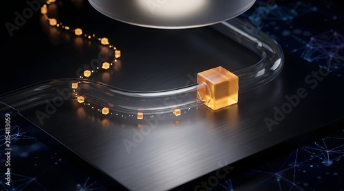 Big data filtering with glowing amber cubes through transparent funnel into glass tube, AI analytics and information technology visualization with copy space