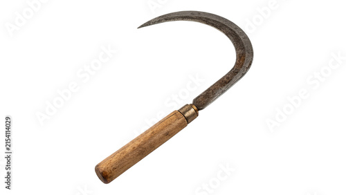 Foto Traditional metal sickle handtool tool with brown wooden handle harvesting isola