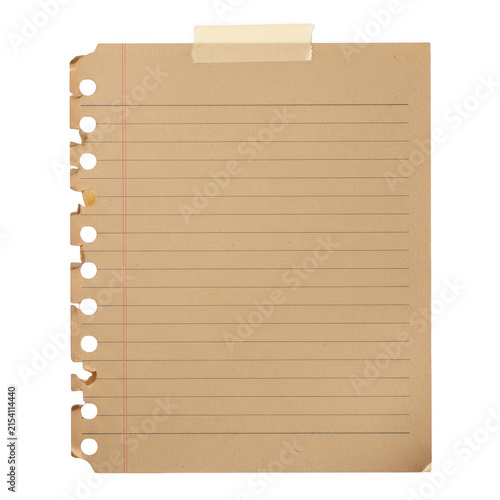 Vintage notebook paper sheet with lined texture and adhesive tape isolated on transparent background for journals