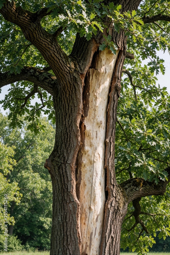 Fototapeta premium Large old oak tree trunk shows deep damage from natural disaster. Wood splintered revealing lighter inner core. Green leaves surround broken bark and exposed inner wood.