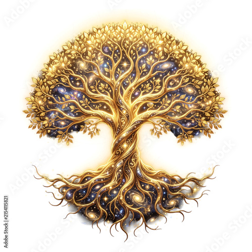 Golden tree of life with cosmic galaxy roots Isolated on Transparent Background