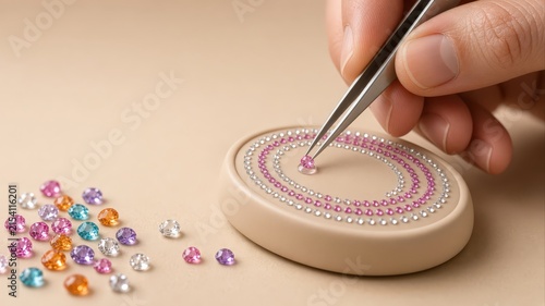 Hand Placing Pink Rhinestone on Oval Decorative Case