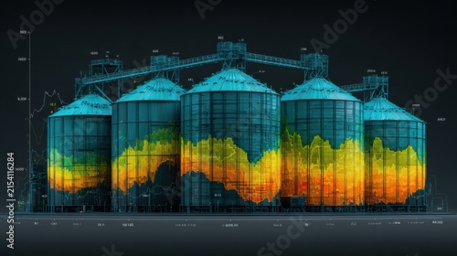 Data visualization of grain silos showing agricultural trends and statistics in a farm setting during daytime
