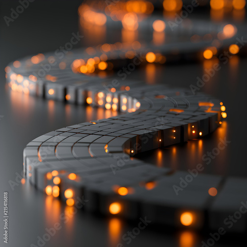 Abstract 3D customer journey with segmented stone pathway and amber checkpoint markers on dark surface, business process flow concept for infographic design and presentations