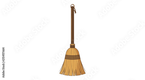 Фотография Vintage wooden broom vector illustration, rustic straw besom with long handle, t
