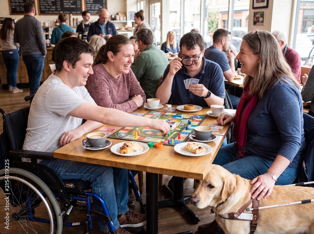 Obraz premium Diverse group of friends enjoying a board game and coffee in a lively cafe, including individuals with disabilities and a guide dog.