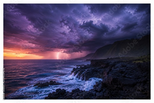 Dramatic lightning strike over a dark stormy ocean at sunset