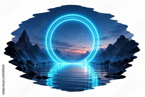 Glowing blue neon circle portal in a dark mountain landscape at night
