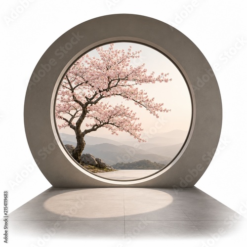 Circular stone gate with a blooming cherry blossom tree view