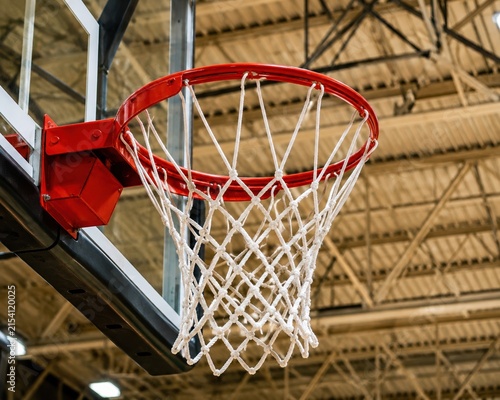 Red basketball hoop and net inside a large indoor sports gymnasium