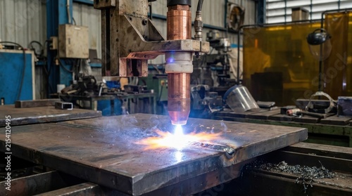 Close up of a cnc plasma cutting machine in action with sparks and bright light in an industrial workshop