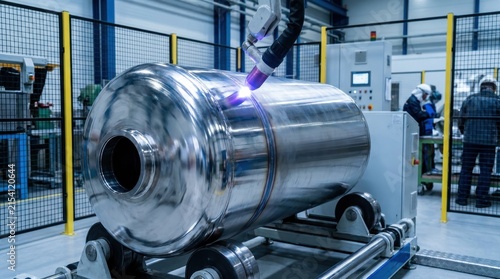 High tech robotic arm performing precision welding on stainless steel cylinder in a contemporary manufacturing environment