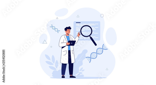 Scientist Analyzing DNA with Magnifying Glass and Tablet, Illustrating Genetic Research and Scientific Discovery