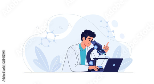Scientist Conducting Research with Microscope and Laptop, Modern Science Illustration