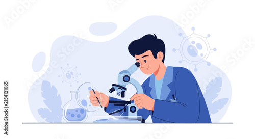 Scientist examining cells under a microscope, exploring medical research and scientific discovery in a modern flat illustration style.
