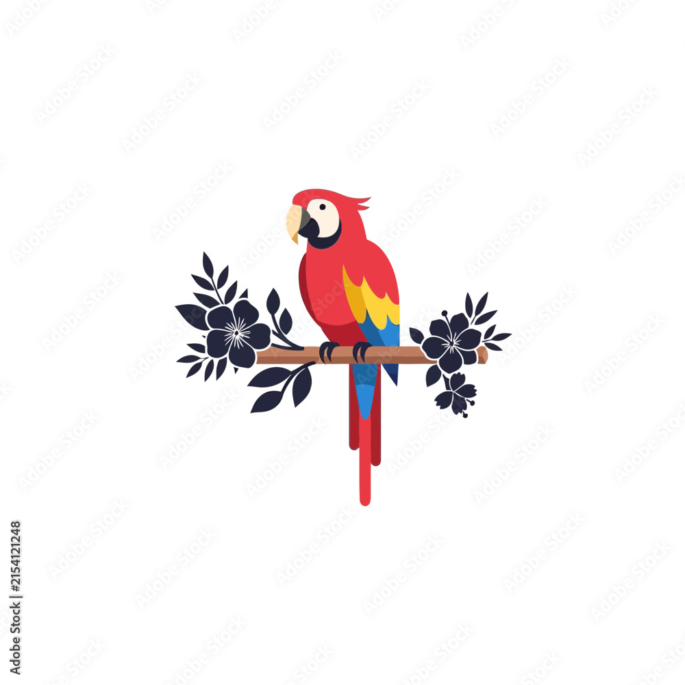 Fototapeta premium Parrot perched gracefully on a decorated branch surrounded by floral ornaments against a clean white background.