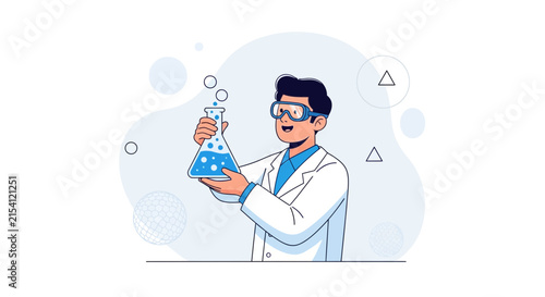 Scientist in Lab Coat Holding Erlenmeyer Flask with Bubbling Blue Liquid, Science and Research Concept