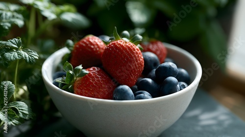 A Fresh Bowl of Ripe Strawberries and Blueberries Surrounded by Lush Greenery, Perfectly Set for a Healthy Snack or Dessert Option