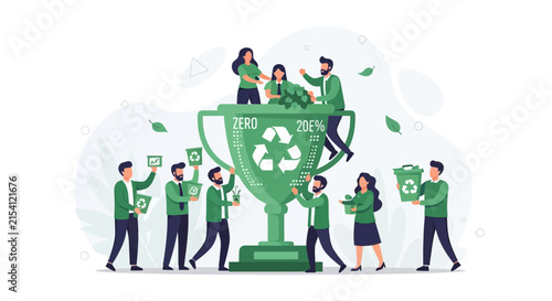 Team celebrating environmental achievement with recycling trophy and eco-friendly actions
