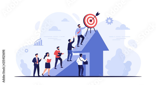 Team climbing arrow graph towards target, representing business growth, teamwork, success, and achieving goals.