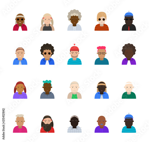 Diverse people avatars set. Multi-ethnic male and female user icons, team members, and individual portraits in flat vector style with gender neutral and cultural variations for websites and apps