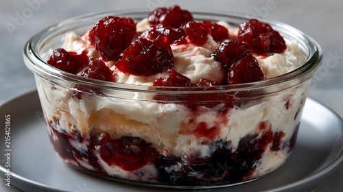 Delicious Trifle With Layers of Sponge Cake, Creamy Custard, and Topped With Juicy Red Berries in a Glass Dish
