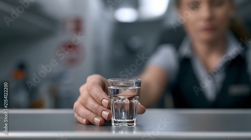 A Close-Up View of a Hand Placing a Glass of Clear Water on a Surface, Emphasizing Service and Refreshment in a Professional Environment