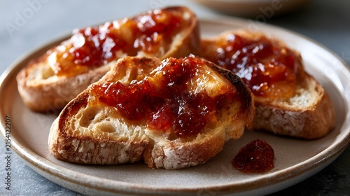 Deliciously Crunchy Toast Topped Generously with Sweet Homemade Fruit Jam, Perfect for Breakfast or a Snack Anytime of the Day