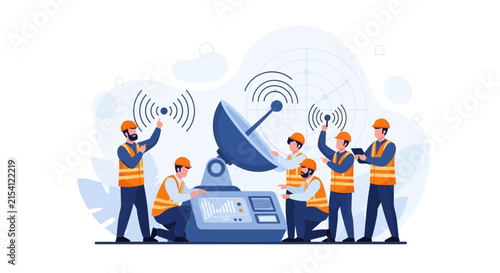 Team of engineers calibrating satellite dish and control panel for communication and data transmission
