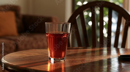 A Glowing Glass of Amber Beverage on a Wooden Table Surrounded by Cozy Living Room Decor and Natural Light