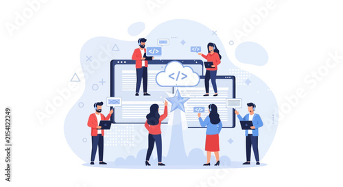 Team of programmers collaborating on cloud computing and software development project, with coding symbols and star icon.