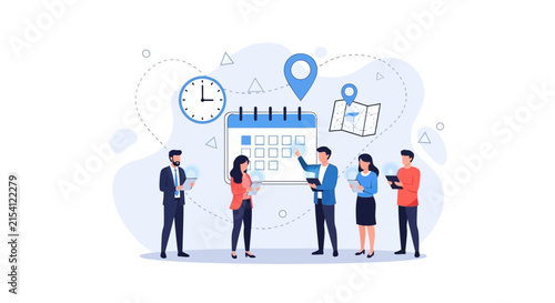 Team Planning and Strategy Meeting with Calendar, Clock, and Location Icons