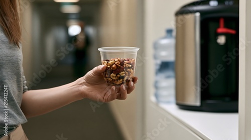 A Close-up View of a Hand Holding a Cup of Mixed Nuts in a Modern Office Corridor with a Beverage Dispenser in the Background